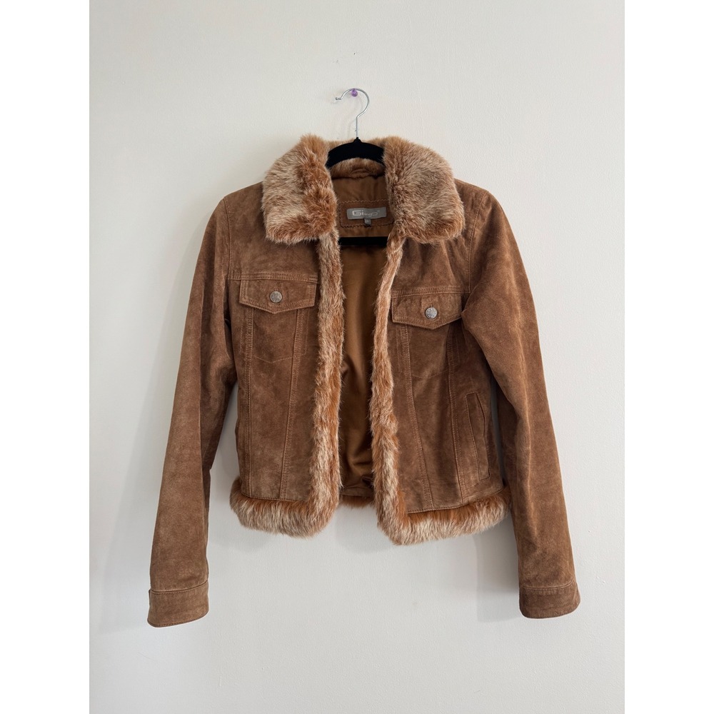 Vintage Gi & Jo Real Suede Jacket Rabbit Fur Trim Brown Cropped Y2K Size Small